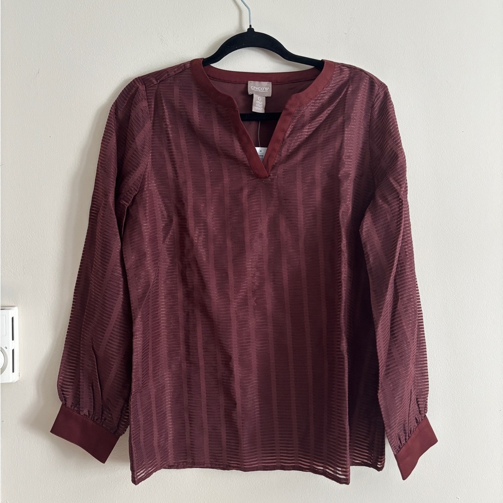 NWT Chico's Womens Small Long Sleeve Top Textured Burgundy Lightweight‎